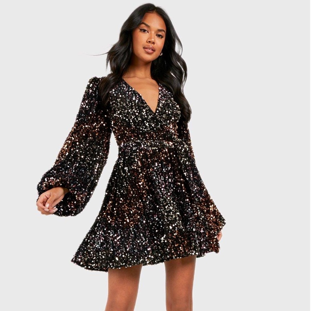 Boohoo RAINBOW SEQUIN BALLOON LONG SLEEVE SKATER PARTY ERAS TOUR SPARKLE DRESS
